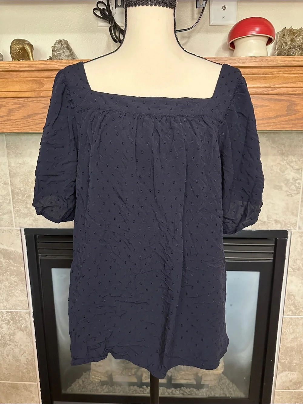 LOFT Women L Navy Polka Dot Square Neck Business Casual Blouse Flounce Sleeve